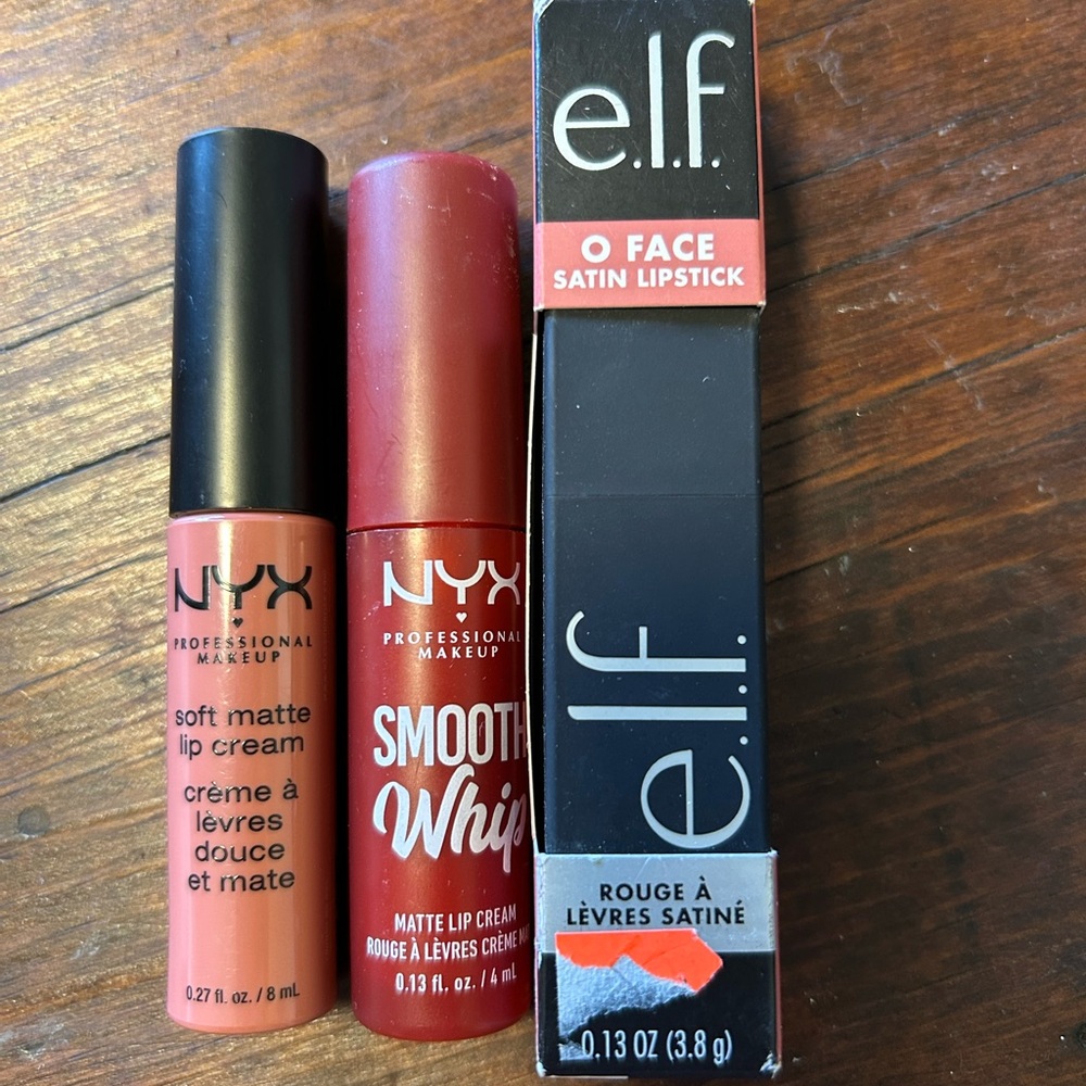 NYX Soft Matte, NYX Smooth Whip, elf satin lipstick. All sealed, brand new